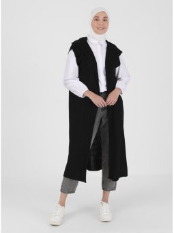 Kapüşonlu Triko Siyah Yelek