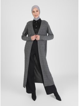 Saç Örgülü Uzun Triko Antrasit Hırka