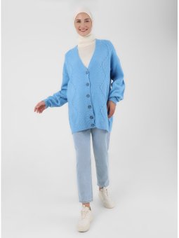 Jakarlı Düğmeli Triko Bebe Mavisi Hırka