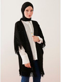 Etek Ve Kol Ucundan Püsküllü Triko Siyah Panço