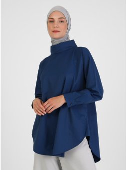 Dik Yaka Oversize Poplin İndigo Tunik