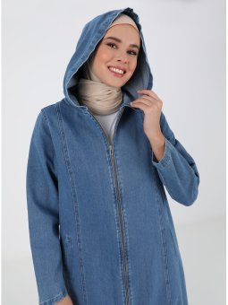Kapüşonlu Boydan Fermuarlı Kot Koyu İndigo Kap