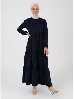 Kol Uçları Lastikli Lacivert Elbise