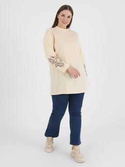 Büyük Beden Baskı Detaylı Bej Tunik