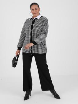 Büyük Beden Kazayağı Desenli Triko Siyah Ekru Hırka