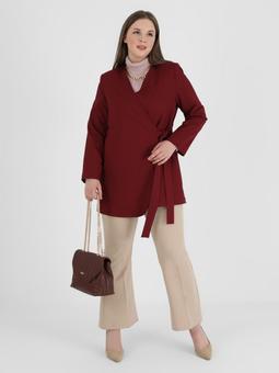 Büyük Beden Kuşak Detaylı Mürdüm Ceket