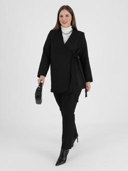 Büyük Beden Kuşak Detaylı Siyah Ceket