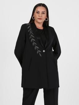 Büyük Beden Taş Detaylı Siyah Ceket & Pantolon Abiye İkili Takım