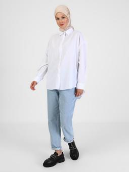 Düğme Detaylı Poplin Off White Gömlek