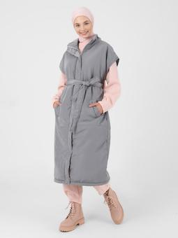 Elyaf Dolgulu Uzun Fermuarlı Gümüş Gri Yelek