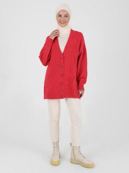 Jakarlı Düğmeli Triko Fuşya Hırka