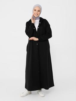 Kapüşon Detaylı Çıtçıtlı Spor Siyah Pardesü