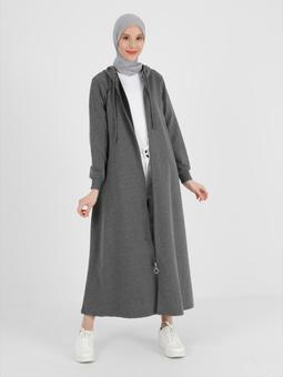 Kapüşon Detaylı Fermuarlı Spor Antrasit Pardesü