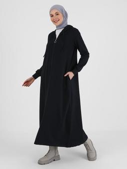 Kapüşon Detaylı Fermuarlı Spor Lacivert Pardesü