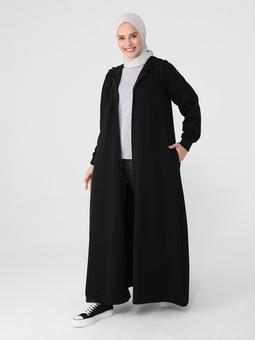 Kapüşon Detaylı Fermuarlı Spor Siyah Pardesü