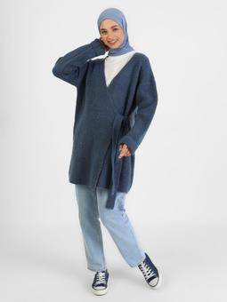 Önü Bağlama Detaylı Triko Derin Mavi Hırka