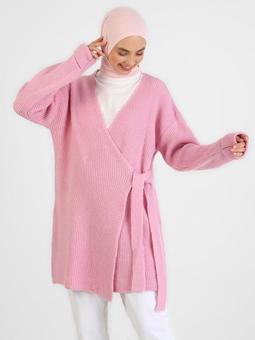 Önü Bağlama Detaylı Triko Pembe Hırka