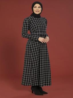 Siyah Ekose Desenli Kışlık Elbise