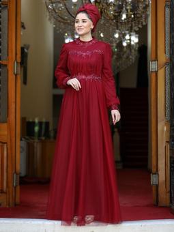 Gülnihal Bordo Abiye Elbise
