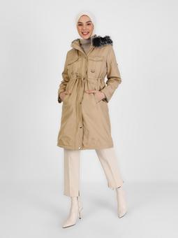 Şapkası Kürk Detaylı Boydan Fermuarlı Taş Trençkot