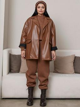 Cep Detaylı Deri Kahverengi Ceket