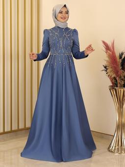 Zen Saten İndigo Abiye Elbise