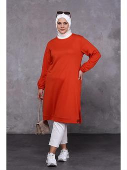 Büyük Beden İki İplik Penye Uzun Turuncu Tunik