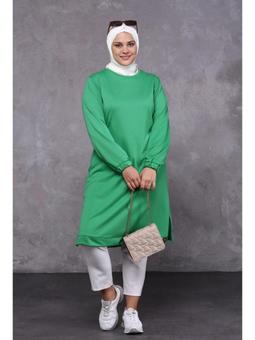 Büyük Beden İki İplik Penye Uzun Yeşil Tunik