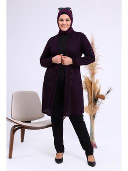 Büyük Beden Metal Tokalı Petek Mürdüm Hırka