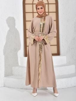 Çift Payet Şeritli Kuşaklı Camel Ferace