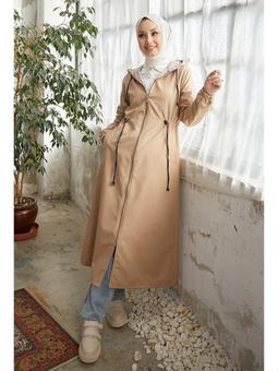 Bej Layisa Çizgili Desenli Beli Büzgü Trenç