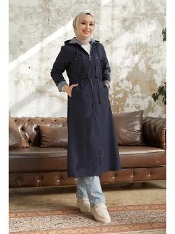 Çakımlı Çizgili Desen Uzun Lacivert Trençkot