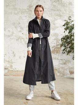  çizgi Desen Siyah Trençkot