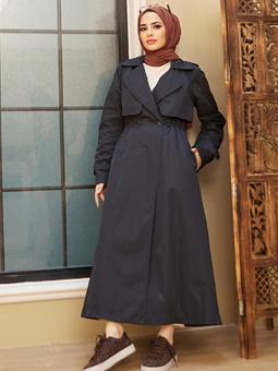 Düğme Detaylı Lacivert Trençkot