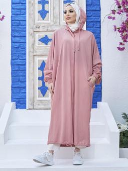 Düğmeli Kapüşonlu Salaş Pudra Tunik