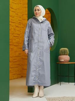 Kapüşonlu Kot Mavi Pardesü