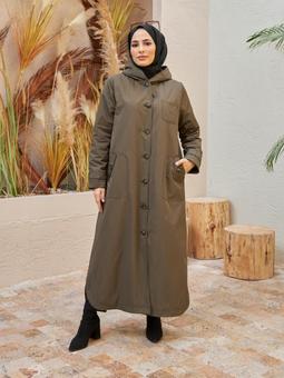 Kürklü Kapüşonlu Haki Trençkot