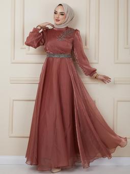 Kuşak Ve Göğsü Taş Detaylı Simli Bakır Abiye Elbise