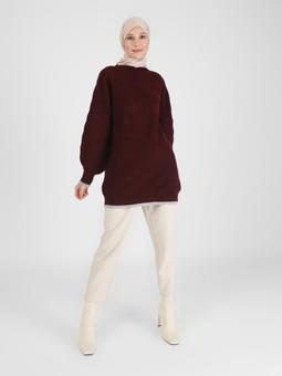 Balon Kol Detaylı Triko Bordo Tunik