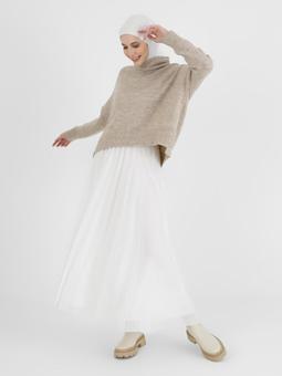 Beli Lastikli Piliseli Şifon Beyaz Etek