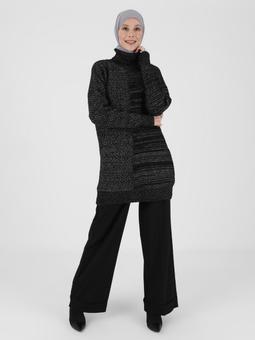 Boğazlı Yaka Triko Siyah Gümüş Simli Tunik