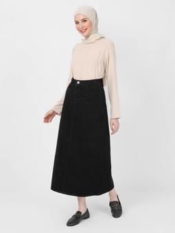 Doğal Kumaşlı Cep Detaylı Kot Siyah Etek
