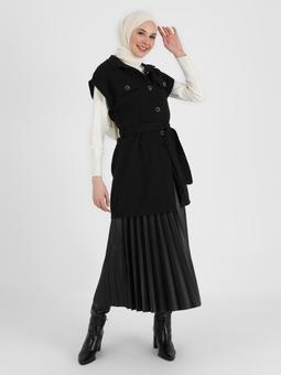 Düğme Detaylı Kuşaklı Tüvid Siyah Yelek