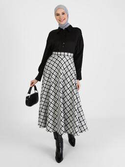 Ekose Desenli Tüvid Kumaş Çan Siyah Beyaz Etek