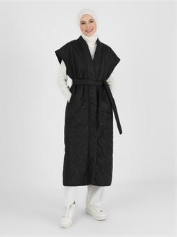 Elyaf Dolgulu Uzun Şişme Siyah Yelek