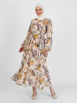 Tam Astarlı Balon Kollu Şifon Mor Sarı Elbise