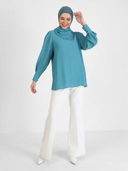 Yaka Detaylı İpek Tuşeli Açık Petrol Bluz