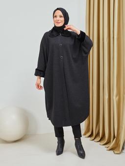 Düğmeli Siyah Panço