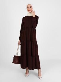 Kol Uçları Lastikli Kahverengi Elbise