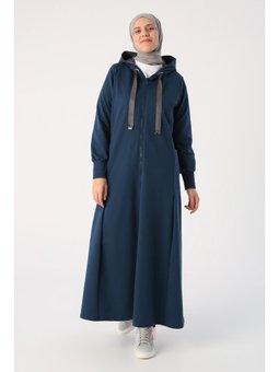 Koyu İndigo Süet Garnili Kapüşonlu Ferace